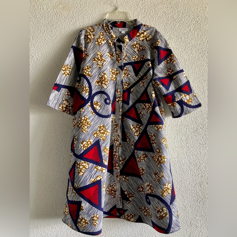 Zuri Kenya 100% cotton dress in blue, red and gold print, size large